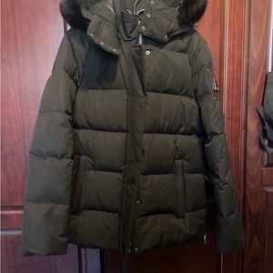 Moose Knuckles Black Quilted Down Puffer with Fur-Trim Hood